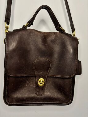 Coach 5130 Station Dark Brown Leather Distressed Crossbody Bag Gold Hardware